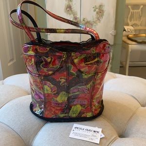 Angela Frascone “Bras” handbag  corset shaped black lace trim